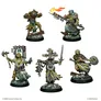 A collection of six intricately designed miniatures from the "Carcass Front" expansion of the Trench Crusade game. The figures include a warrior wielding a flaming spear, a hooded figure with a rifle, and a character holding a large bell, among others. Each miniature features detailed textures and colors, showcasing a grimdark aesthetic with elements like tattered clothing and various weapons, set against a rocky base.
