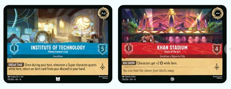 Two Disney Lorcana TCG cards: Technology Lab and Big Show.