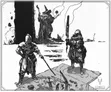 Three armored figures, one holding a staff, one a sword, one a spear, stand on stone slabs.
