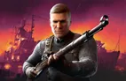 A focused soldier with short, slicked-back blonde hair holds a rifle, looking directly at the viewer with a serious expression. He is dressed in a dark, textured sweater and has tactical gear, including a strap across his chest. The background features a dramatic sunset with shades of orange and purple, along with silhouettes of ships and rain, creating a tense atmosphere.