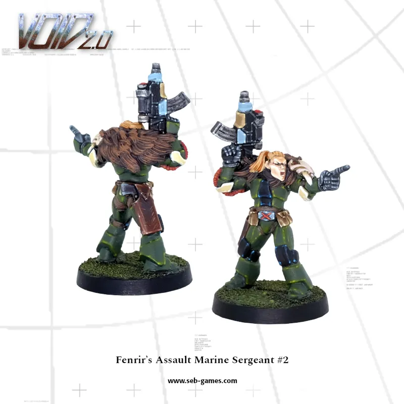 Two painted miniatures of armed soldiers in green armor, pointing forward.