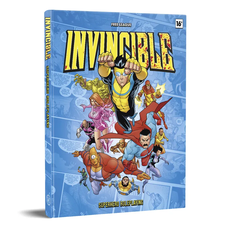 Cover of a tabletop roleplaying game rulebook titled "Invincible: Superhero Roleplaying." The cover features a dynamic scene with multiple stylized superhero characters in mid-action against a blue, cloud-filled sky background. The title "INVINCIBLE" is prominently displayed at the top in large, bold, yellow and red letters with a distressed effect.

In the foreground, a muscular male superhero in a yellow and blue costume with a black eye mask punches forward with a determined expression. Surrounding him are other superheroes and villains engaged in combat. One character in a pink and purple costume appears to be flying or falling, while another in a red and yellow costume with a star emblem on the chest is mid-leap. A large, red, humanoid figure with horns and a muscular build is also visible, as well as a smaller character with a rodent-like appearance.

At the top left, the publisher's name "FREE LEAGUE" is printed in white. The number "16+" is visible in the top right corner, indicating the recommended age. The words "Superhero Roleplaying" appear vertically along the left edge