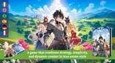 A group of five anime-style characters stands in a vibrant, lush landscape filled with rolling hills and colorful flowers. The central figure, a young man in shining armor, is flanked by a silver-haired woman in a blue dress, a red-haired girl in a hooded cloak, a small black cat-like creature, and a blonde girl in a red dress. In the corner, a box featuring the game "Gates of Krystalia" is displayed, with text highlighting the game's combination of strategy, simplicity, and dynamic combat.