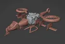 A collection of 3D model components for the LARC 2, a sci-fi utility VTOL, is displayed against a dark background. The parts include a streamlined cockpit, twin anti-grav rotors, and various modular accessories such as hardpoints and stabilizers, showcasing a mix of brown and silver colors. The arrangement highlights the modularity and adaptability of the design, emphasizing its potential for customization in tabletop gaming.