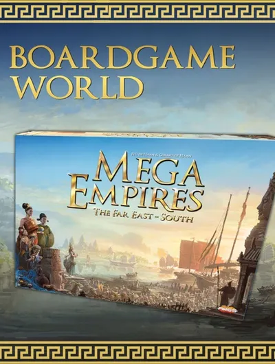 Two game boxes for "Mega Empires: The Far East - North" and "Mega Empires: The Far East - South" are displayed prominently against a scenic backdrop featuring landscapes and structures reminiscent of East Asia. The text "THE BIGGEST BOARDGAME IN THE WORLD" is boldly featured above the boxes, emphasizing the scale of the game. The overall design incorporates a decorative border, enhancing the visual appeal of the presentation.