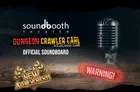 A promotional graphic for the "Dungeon Crawler Carl" RPG features a vintage-style microphone on a textured background, suggesting a sound studio atmosphere. The text prominently displays "soundbooth THEATER" and "DUNGEON CRAWLER CARL ROLEPLAYING GAME," along with "OFFICIAL SOUNDBOARD" and a badge reading "NEW ACHIEVEMENT!" in gold. A red "WARNING" label adds urgency to the design, enhancing the excitement surrounding the campaign.