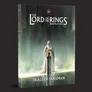 A book cover for "Trials of Saruman" from The Lord of the Rings roleplaying game features a central figure of Saruman the White, depicted with long white hair and robes, standing before a stone pedestal. The background is ethereal, with soft, glowing light and shadowy architectural elements that suggest a mystical setting. The title "TRIALS OF SARUMAN" is prominently displayed at the bottom, with the logo for the 5E system at the top.