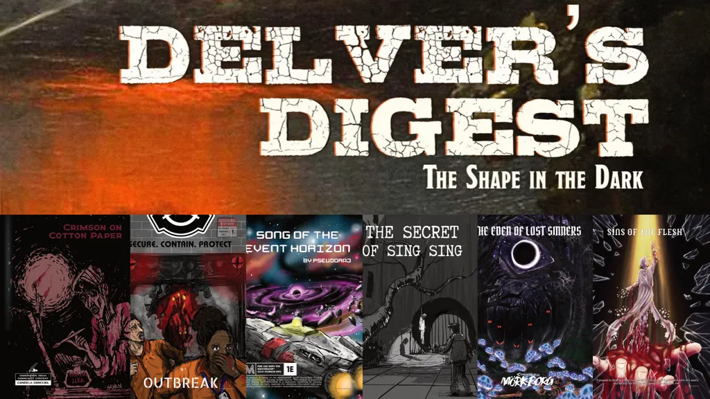 Cracked stone background with bold, distressed text: "Delver’s Digest: The Shape in the Dark". Below, four book covers: 1. Left: "The Pseudo-Razor" with a shadowy figure and glowing eyes. 2. "The Secret of Sing Sing" featuring a dark silhouette and prison bars. 3.