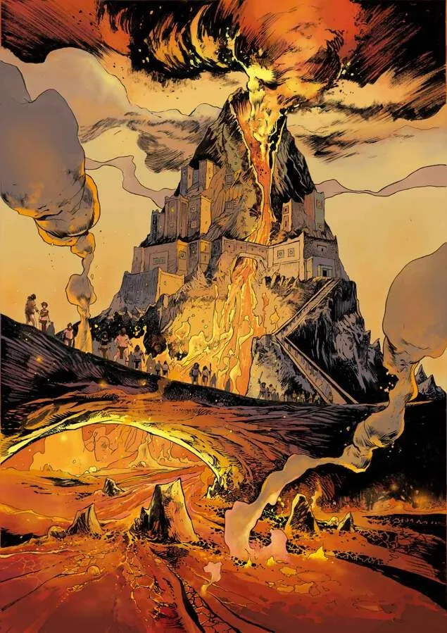 Towering stone temple on a mountain with flowing lava, people walking on a path below.