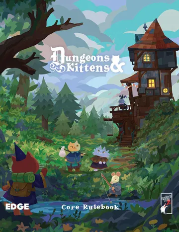 A whimsical illustration features a vibrant forest scene with a variety of anthropomorphic animals. In the foreground, a red cat wearing a wizard's hat and a backpack stands beside a yellow cat in blue clothing, while a blue cat with a mischievous expression and a mouse in a tunic are engaged in activities nearby. A charming wooden house is visible in the background, surrounded by lush greenery and mountains, creating a magical atmosphere. The title "Dungeons & Kittens" and "Core Rulebook" are prominently displayed at the bottom.