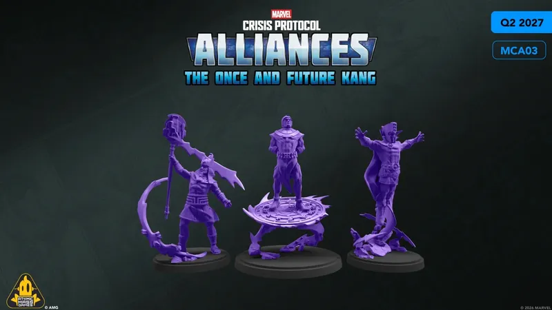 Three purple F.A.S.T. miniatures from the Marvel: Crisis Protocol Alliances game titled "The Once and Future Kang" are displayed against a dark background. On the left, a character wields a large weapon, while the central figure stands confidently on a circular platform. The rightmost figure appears to be casting a spell or using technology, showcasing dynamic poses that highlight their unique designs. The title of the game is prominently featured above the miniatures.
