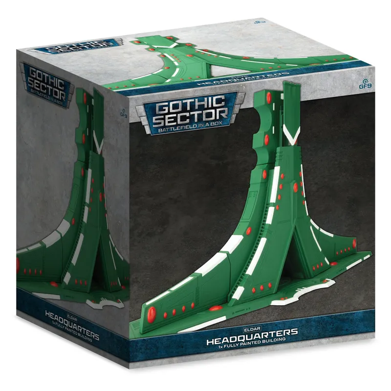 A box for the Eldar Headquarters building from Gales Force Nine's Battlefield in a Box range, featuring a vibrant green design with white and red details. The box displays a stylized image of the building, showcasing its graceful arches and sweeping curves, set against a textured gray background. The label on the front indicates it is a fully painted building, part of the Gothic Sector collection.