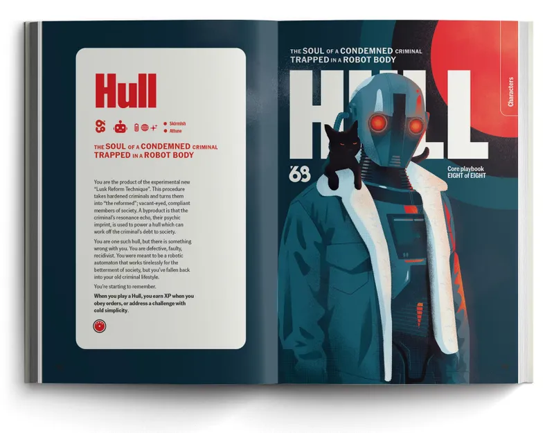 A character playbook titled "Hull" features a humanoid robot with glowing red eyes, dressed in a stylish jacket, and accompanied by a black cat perched on its shoulder. The background is a gradient of dark blue, with the title "HULL" prominently displayed in bold red letters, along with the subtitle "THE SOUL OF A CONDEMNED CRIMINAL TRAPPED IN A ROBOT BODY." The text on the left side provides a brief description of the character's backstory and abilities, emphasizing themes of identity and rebellion.