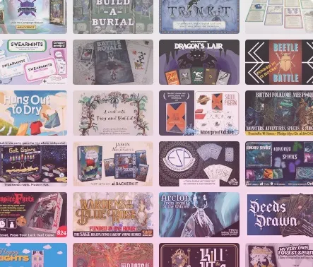 A collage of various tabletop game covers and promotional materials, showcasing a diverse selection of games. The layout includes titles like "Build a Burial," "Dragon's Lair," and "Beetle Battle," among others, with colorful artwork and distinct themes. The overall design is vibrant and busy, reflecting the variety of games available in the Backerkit's Pocketopia 2026 promotion.