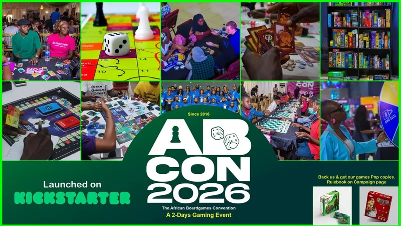 Collage of people playing board games, text "Launched on KICKSTARTER AFRICON 2026".