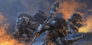 A group of fierce, anthropomorphic boars clad in rugged armor and wielding weapons, including a large, spiked spear, charge forward in a dynamic battle scene. Their muscular forms are accentuated by spiky fur and menacing expressions, showcasing their readiness for combat. In the background, additional boars can be seen, adding to the chaotic atmosphere of the illustration, which features dark, smoky tones and hints of fiery orange, suggesting a tumultuous battlefield.