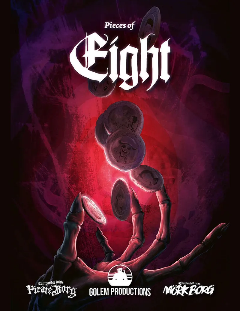 Skeletal hand tossing glowing coins, text "Eight" above