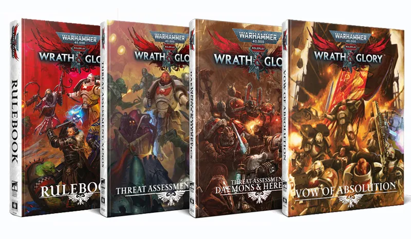 Four tabletop roleplaying game books are displayed, all part of the Warhammer 40,000 Roleplay: Wrath & Glory series. From left to right, the covers feature vibrant artwork: the first book is titled "Rulebook," showcasing a dynamic scene with characters in battle; the second, "Threat Assessment: Daemons & Heretics," depicts a confrontation with dark forces; the third, "Threat Assessment: Xenos," features alien adversaries; and the fourth, "Vow of Absolution," highlights the Absolvers Chapter with Astartes in action. Each cover is adorned with the Warhammer 40,000 logo and thematic elements reflecting the grimdark universe.