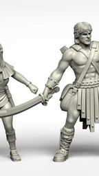 A set of three fantasy miniatures features a muscular male hero wielding a sword and holding a falcon, alongside a svelte female character brandishing a dagger. Both figures are depicted in a dynamic pose, showcasing intricate details in their clothing and accessories, reminiscent of 80s high-fantasy cinema. The miniatures are presented in a light gray color, highlighting their sculptural features.