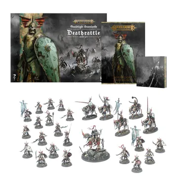 A collection of miniatures and game components from the Soulblight Gravelords Deathrattle Army Set is displayed. In the center, a mounted Wight King stands prominently, surrounded by five Barrow Knights and 20 Barrow Guard figures, all intricately detailed. The set also includes the Battletome: Soulblight Gravelords and a set of warscroll cards, with the packaging featuring dark, atmospheric artwork that complements the undead theme.