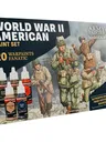 A paint set titled "World War II American Paint Set" features a box design showcasing three American soldiers in historical uniforms, set against a backdrop of crumbling walls. The box includes five paint bottles prominently labeled "WARPAINTS FANATIC," with colors such as "Dark Drab," "Medium Drab," "Paratrooper Tan," "Tang Red," and "Ensign Blue." The text emphasizes "20 WARPAINTS FANATIC" and "AUTHENTIC COLOURS FROM HISTORICAL SOURCES," highlighting the set's focus on historical accuracy.