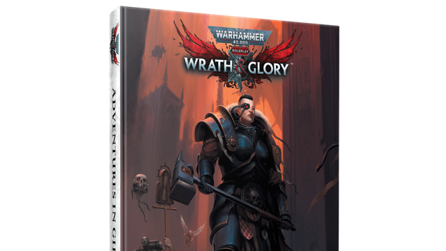 A physical book titled "Adventures in Gilead" for Warhammer 40,000 Roleplay: Wrath & Glory is prominently displayed, featuring a striking cover illustration. The cover depicts a heavily armored character wielding a large hammer, standing in a dark, ominous environment filled with shadowy figures and gothic architecture. The title and logo are clearly visible at the top, with the subtitle "Adventures in Gilead" featured prominently at the bottom.