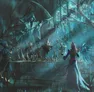 A robed figure faces a spectral hooded figure and antlered creatures in a misty forest.