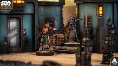 A customisable Separatist Super Tactical Droid stands prominently on a sandy surface, showcasing its multipart design with a metallic body, red accents, and a distinctive head. It is positioned near a futuristic structure with a large door and control panel, while a second droid, holding a weapon, is partially visible in the background. The scene is set in a sci-fi environment, typical of the Star Wars universe, with detailed textures and colors enhancing the overall aesthetic.