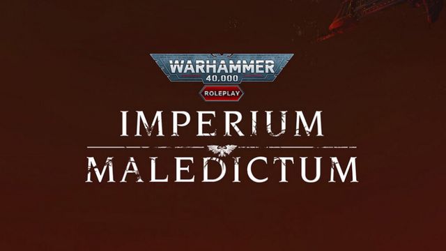The image features the title "IMPERIUM MALEDICTUM" prominently displayed in bold, white lettering against a dark red background. Above the title, the "WARHAMMER 40,000" logo is showcased in a metallic blue and silver design, with the word "ROLEPLAY" highlighted in a red hexagon. The overall aesthetic conveys a sense of ominous grandeur, fitting for the Warhammer 40,000 universe.