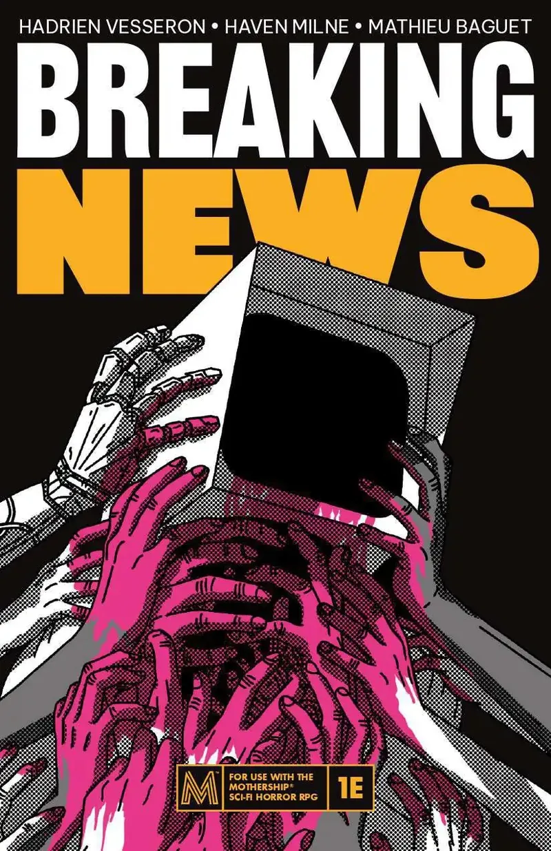 Pink skeletal hands holding a black tablet with text "FOR USE WITH THE MOTHERSHIP SCI-FI HORROR RPG 1E"