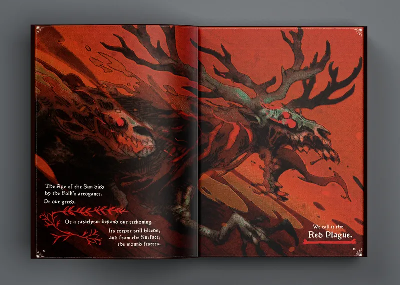 A dark and atmospheric illustration features a skeletal creature with a menacing skull and elongated limbs, entwined with twisted branches and set against a backdrop of deep reds and blacks. The text, written in a stylized font, reflects themes of decay and loss, stating, "The Age of the Sun died by the Folk's arrogance," and hints at a cataclysmic event. The overall composition evokes a sense of foreboding, fitting the folk horror theme of the Fomoria RPG.