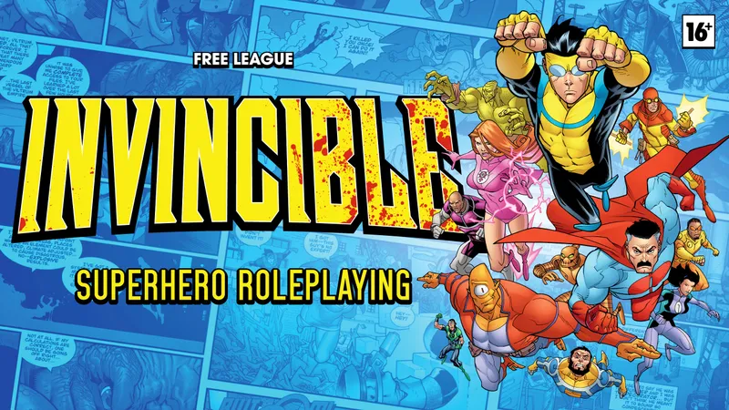 Large, bold, yellow and black splattered letters spelling "INVINCIBLE" dominate the top left. Below it, black text reads "HERO ROLEPLAYING" in a similar style. In the top left corner, smaller white text says "FREE LEAGUE."

On the right side, a group of stylized cartoon superheroes in colorful costumes are in mid-action. One blonde male in a yellow and blue suit appears to be flying or leaping forward with fists raised. A muscular male in an orange and blue suit with a smirk is also airborne. A female with pink hair in a purple and pink outfit is crouched, holding her hands out with energy effects. Another male in a green and purple outfit is in the background, mid-motion. Several speech bubbles contain text: one near the blonde male reads, "I KILLED YOU ONCE! I CAN DO IT AGAIN!!", another near the pink-haired female reads, "GOT HIM! GUYS THIS IS NO EXPERT!", and a third near the orange-suited male says, "HEY...HEY!" The background features a cityscape with