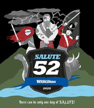 A stylized graphic featuring a central shield with the text "SALUTE 52" prominently displayed, along with the phrase "South London Warlords" and the year "2025." Surrounding the shield are four characters: a warrior with a sword and shield, a bagpiper, a soldier in a red coat, and a woman with a sword and blue mask. In the background, there are elements like a dinosaur and a highland cow, set against a dark sky with lightning. The bottom of the image includes the text "There can be only one day of SALUTE!"