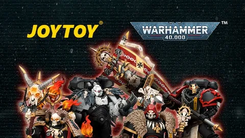 A dark background with a group of seven detailed action figures in the center, each wearing ornate armor with skull motifs, capes, and weapons. The figures are arranged in a dynamic pose. At the top, the text "JOYTOY" in yellow and "WARHAMMER 40,000" in white with a blue and silver logo. Below the figures, the text "REINFORCEMENTS IMMINENT!" in large white letters, followed by "BLACK TEMPLARS, RAVEN GUARD, BLACK LEGION & SPACE WOLVES" in smaller white text.
