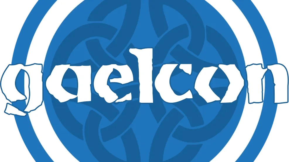 A circular logo featuring a blue background with a white outer ring. In the center, a stylized knot pattern is visible, symbolizing Celtic design. The word "gaelcon" is prominently displayed in white, with a slightly distressed font, emphasizing the convention's name.