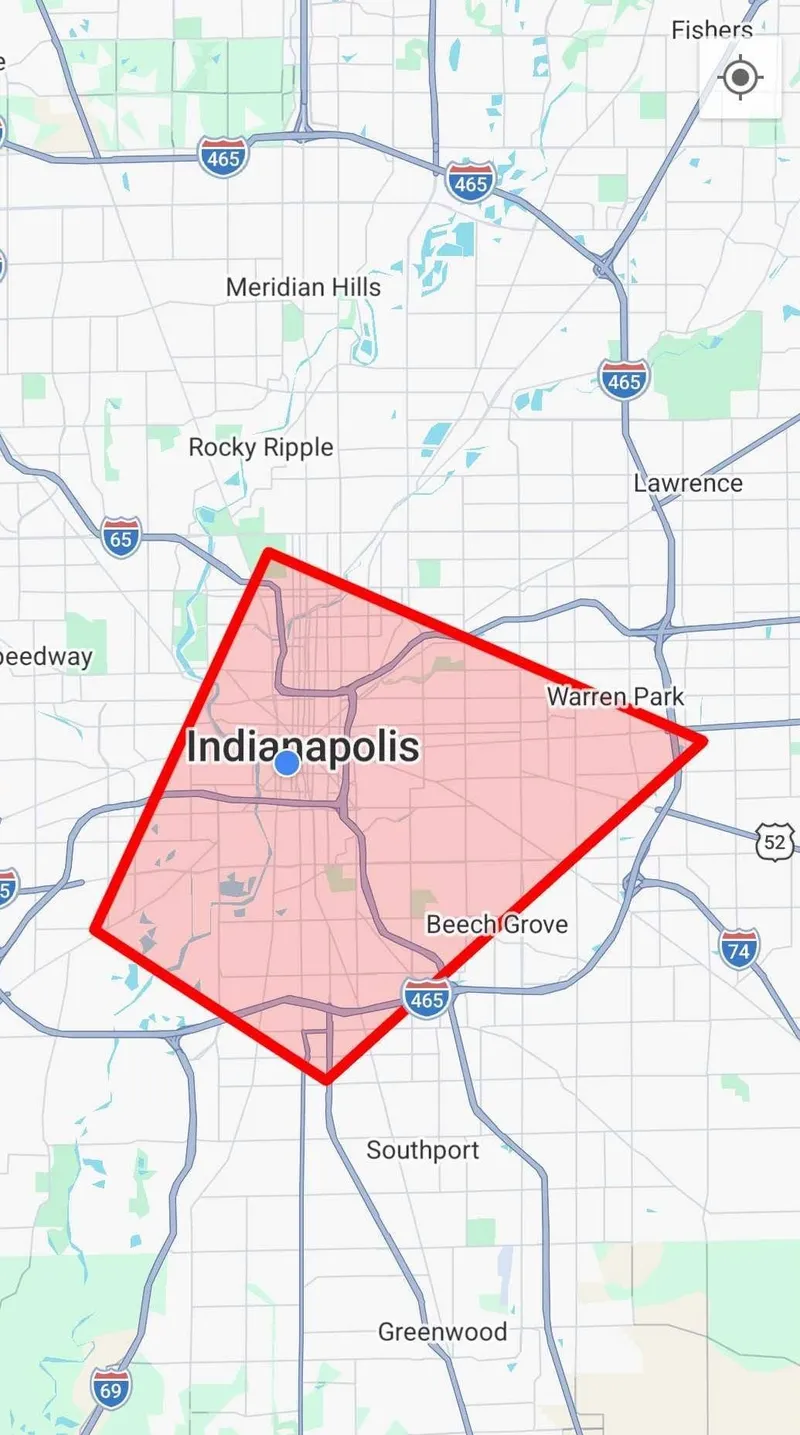 Map of Indianapolis with a red triangular outline, labeled "Indianapolis" and nearby areas.