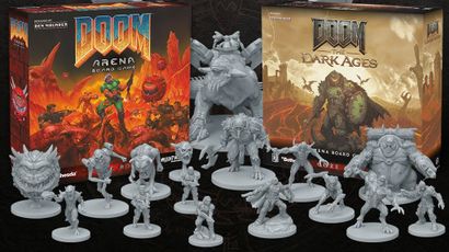 The image features two boxed versions of the DOOM | Arena Board Game, one for DOOM (1993) and the other for DOOM: The Dark Ages, prominently displayed in the background. In the foreground, a variety of unpainted PVC miniatures are arranged, showcasing characters and creatures from the game, including a large, menacing demon and several smaller figures representing iconic characters like Doom Slayer and various demons. The vibrant artwork on the boxes depicts intense action scenes, enhancing the game's fast-paced and brutal theme.