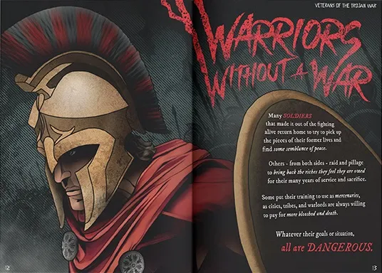 Helmet of a warrior with a cracked, skull-like faceplate and a red-and-black striped plume. The helmet is positioned in the foreground, angled slightly to the left. Behind it, large, jagged red text reads "WARRIOR WITHOUT A WAR". To the right, a block of smaller white text on a dark parchment-like background reads: "Many SOLDIERS that made it out of the fight alive return home to try to put the pieces of their former lives back together and find some semblance of peace. Others - from both sides - turn to banditry to bring back the riches they fought for their many years of service. Some put their training to use as cutthroats, tribes, and warlords to pay for more bloodshed and war. Whatever their goals... all are DANGEROUS."