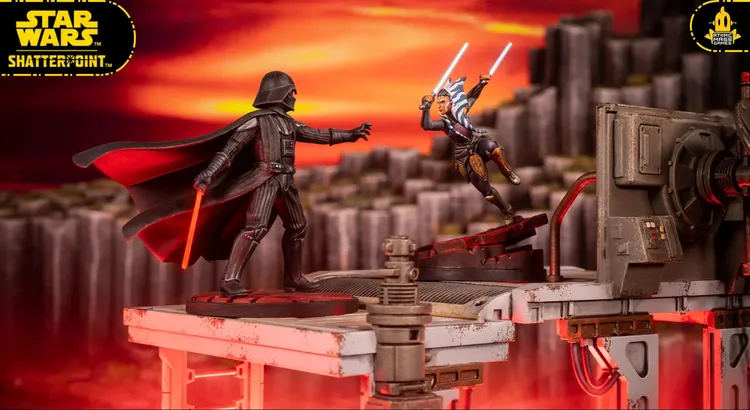 A dynamic scene features a duel between Darth Vader and Ahsoka Tano, set on the desolate world of Malachor. Ahsoka, wielding two blue lightsabers, is depicted in an action pose, while Darth Vader stands menacingly, showcasing his iconic black armor. The background includes rugged rock formations and a futuristic control panel, with a dramatic orange and red sky enhancing the intensity of the confrontation.