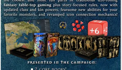 13th Age Second Edition list of features in the kickstarter campaign detailing 2 books, GM screen, Velvet Map and a custom dice set