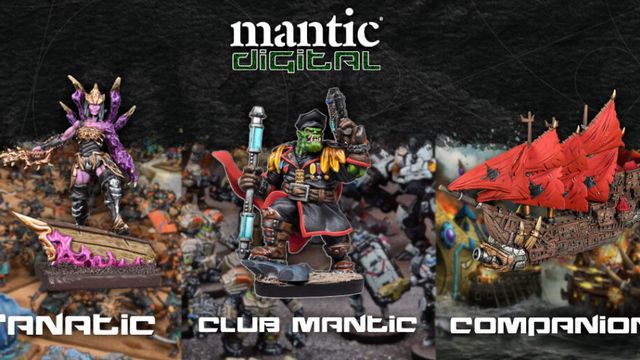 A promotional image for Mantic Digital features three distinct miniatures representing different membership tiers. On the left, a dark sorceress in purple robes stands atop a base with tendrils, labeled "Fanatic." In the center, an orc pirate wielding a weapon and wearing a captain's outfit is marked "Club Mantic." On the right, a detailed ship with red sails and skull motifs is labeled "Companion." The background is filled with various miniatures, enhancing the fantasy theme. The Mantic Digital logo is prominently displayed at the top.