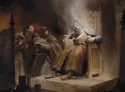 A dying or weakened man in ornate robes and armor sits slumped on a throne, emitting dark smoke. Three figures in medieval clothing stand around him: one with a sword, another holding a child, and a hooded person observing. A wooden table with two bottles is visible in the foreground.