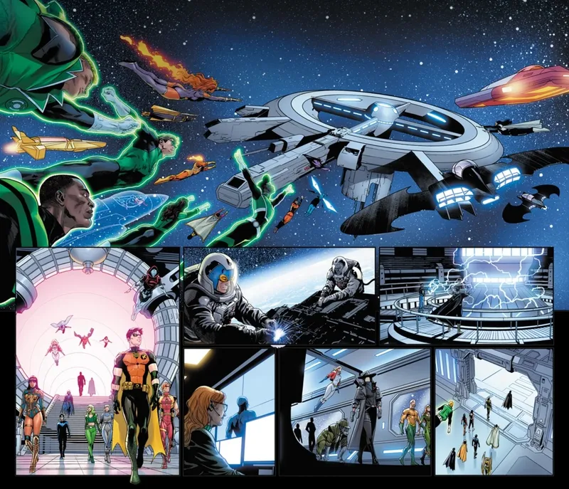 A comic panel collage with superheroes in space, a spaceship, and various action scenes.