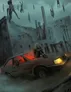 Woman sitting on car hood, man in driver's seat, flying figures, dim cityscape.