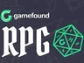 A glowing green 20-sided die with visible numbers and a stylized "G" in the center, set against a dark textured background. Partial white text reading "PR" is visible on the right side.