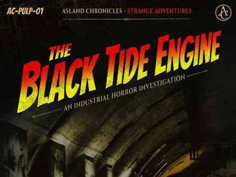 Dark tunnel with water, text "BLACK TIDE AN INDUSTRIAL HORROR INVESTIGATION" and "Lancashire, England. 1934."