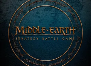 The image features the title "MIDDLE-EARTH STRATEGY BATTLE GAME" prominently displayed in a bold, stylized font, set against a textured dark blue background. Surrounding the title is a circular design that includes intricate, golden script, reminiscent of Tolkien's lore. The overall aesthetic conveys a sense of adventure and fantasy, aligning with the themes of the game.