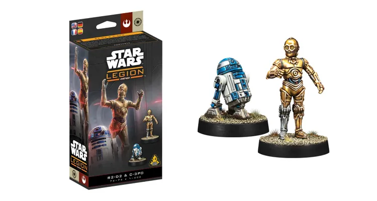 A detailed miniature set features two iconic droids from Star Wars: R2-D2 and C-3PO. R2-D2 is depicted in blue and silver with a rounded body, while C-3PO stands tall in shiny gold, showcasing intricate detailing on his limbs and facial features. Both figures are mounted on circular bases with a textured surface, suggesting a rugged terrain, and small tufts of grass are visible around their feet.