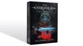 A visually striking book cover for "The Flowers of Algorab," part of the Coriolis: The Great Dark RPG, features a central figure in a space helmet, surrounded by a cosmic backdrop filled with stars and swirling colors. The lower portion of the cover displays a dramatic landscape with dark rocks and a figure standing at the edge, suggesting exploration and adventure. The title and publisher's name are prominently displayed at the top and bottom, enhancing the overall sci-fi aesthetic.