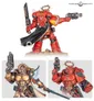 Red-armored figure with halo, holding a sword and gun, cape flowing.